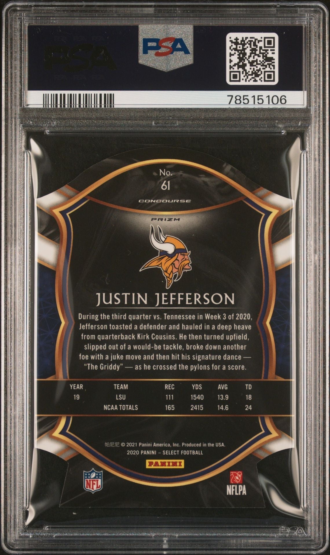 2020 Panini Select Purple Die Cut Justin Jefferson RC PSA 10